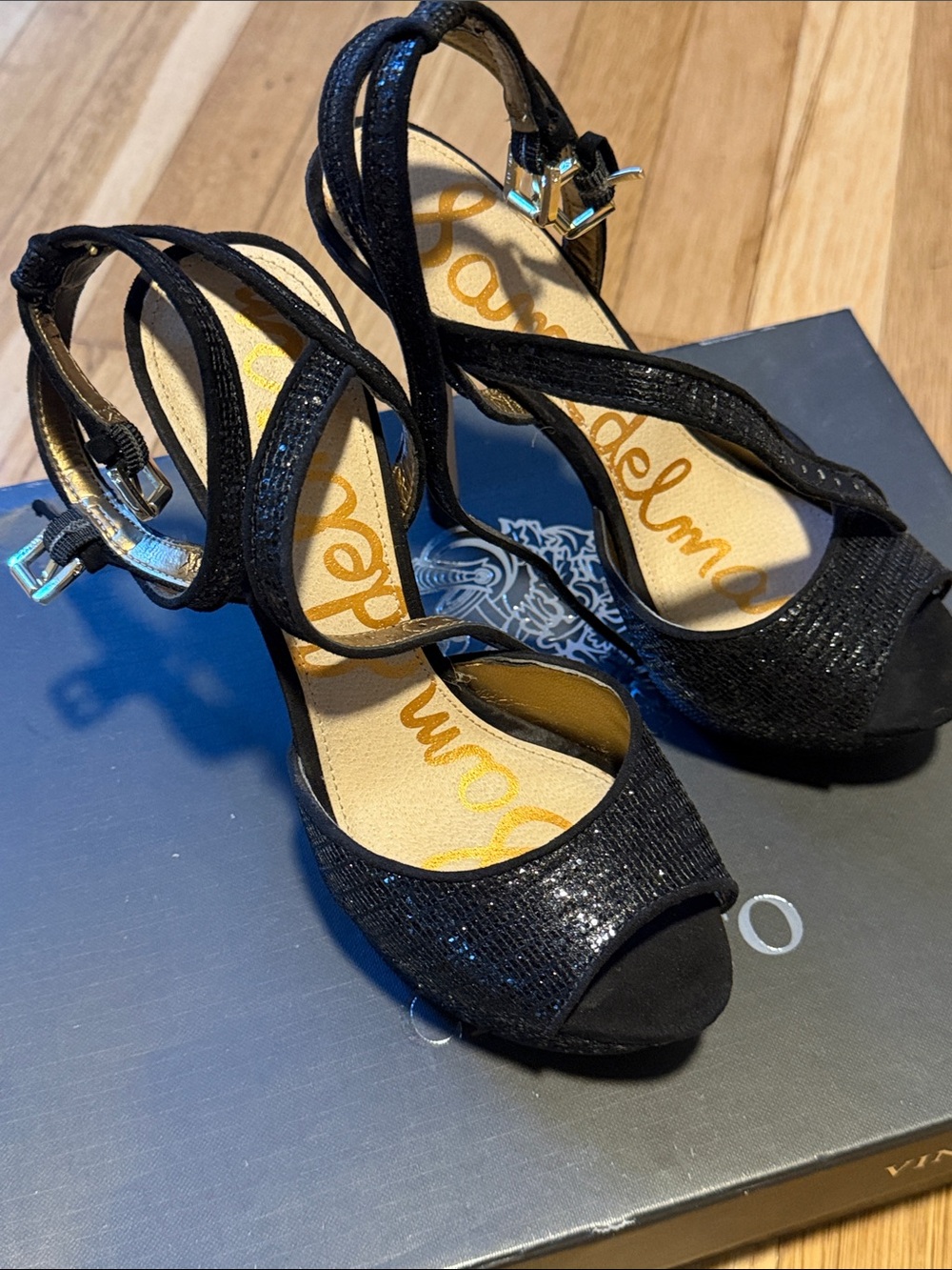 Sam Edelman Black Sequin Peep-Toe Ankle-Strap Heels
